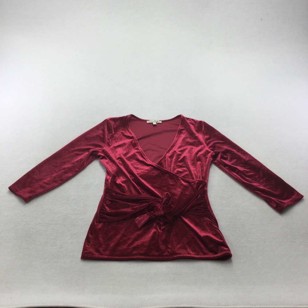 Express One Eleven Blouse Womens Medium Red Wrap V Neck Tie Waist Velour Top